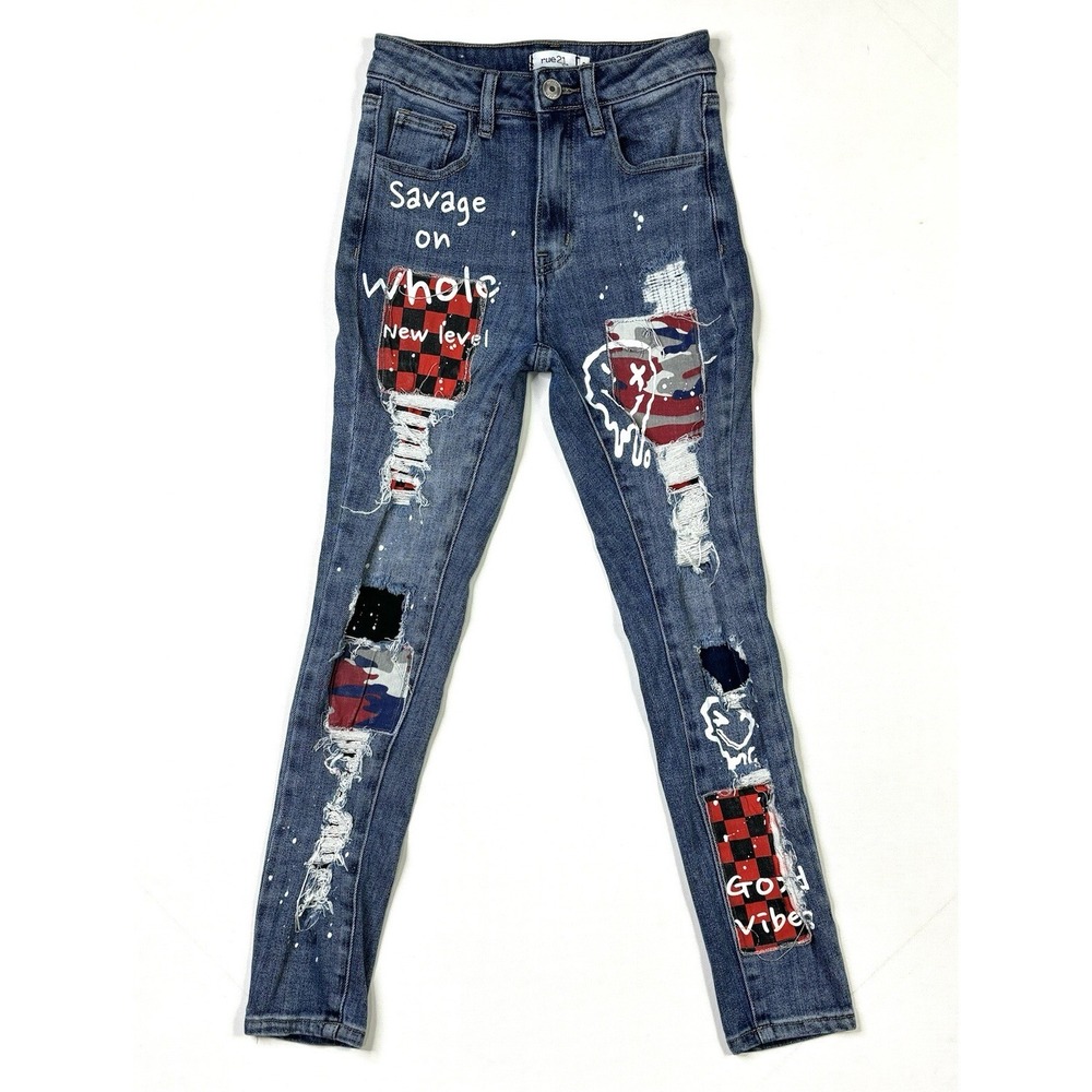 Rue 21 Jeans Womens 0 Distressed Skinny Patch Graphitti Savage Stretch Denim
